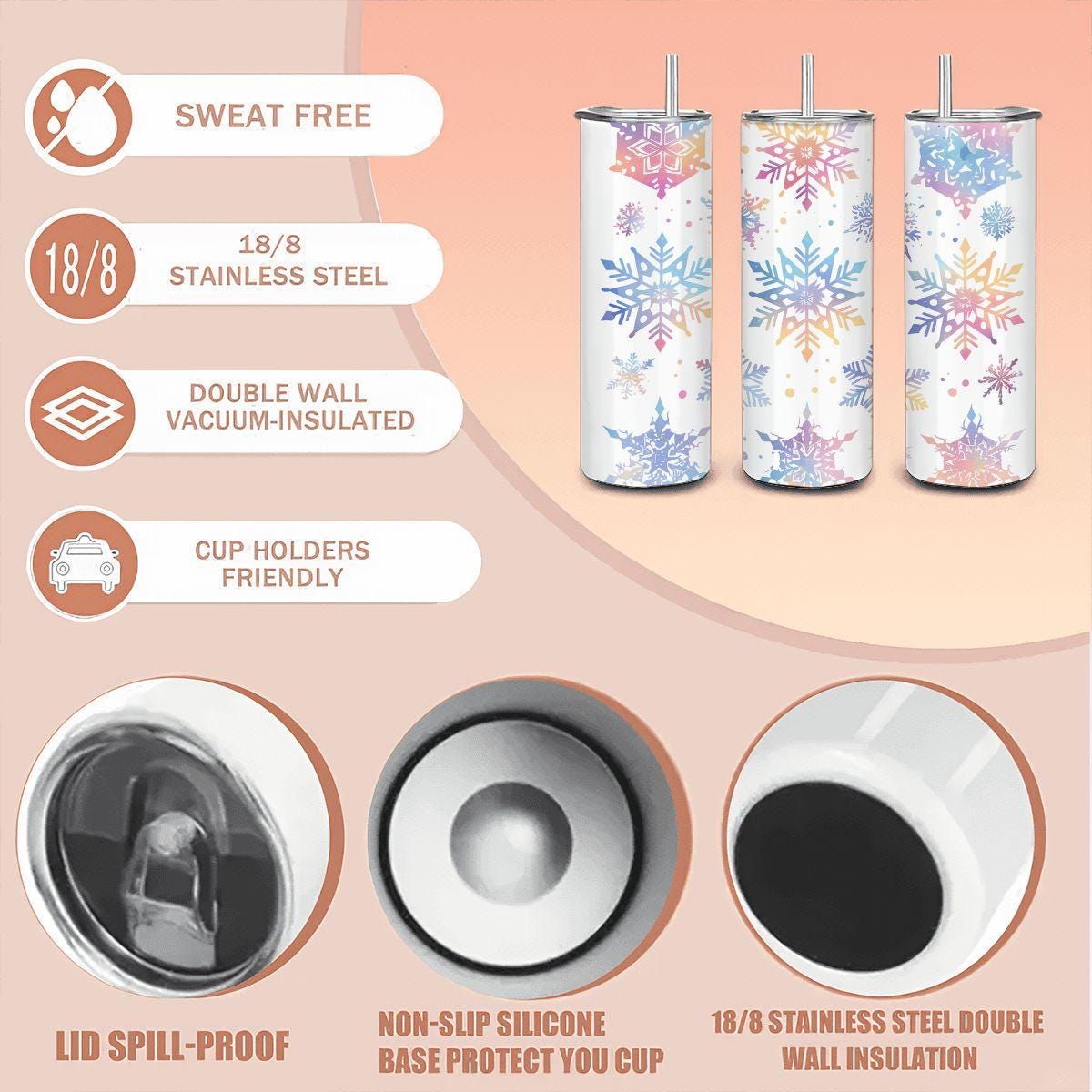 Pastel Rainbow Snowflake Tumbler: Insulated Stainless Steel Winter Cup