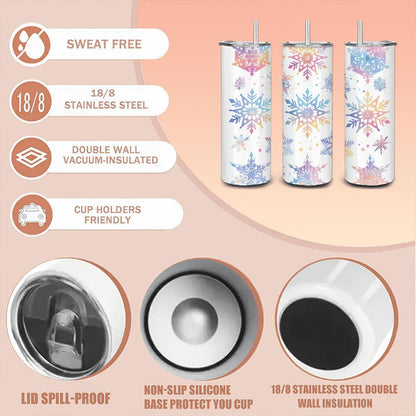 Pastel Rainbow Snowflake Tumbler: Insulated Stainless Steel Winter Cup