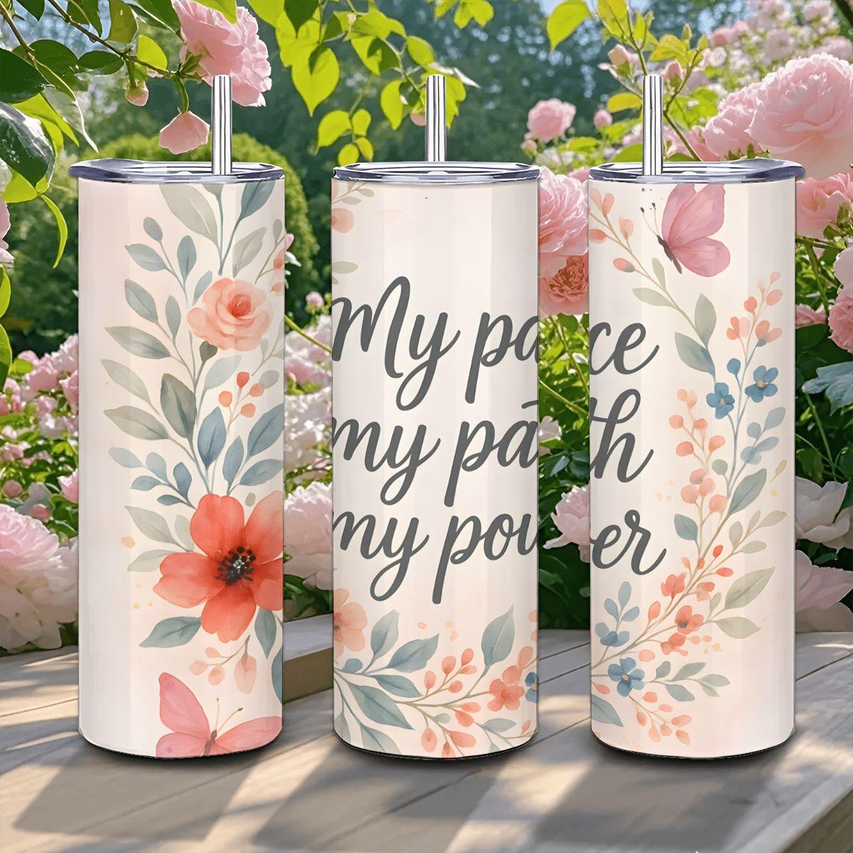 Floral Motivational Tumbler: Stainless Steel Travel Cup with Straw