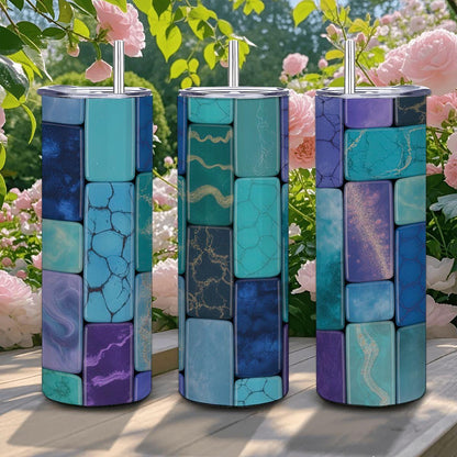 Blue Marble Mosaic Tumbler: Insulated Stainless Steel Cup with Straw