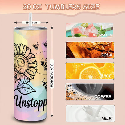 Bee Unstoppable Sunflower Tumbler: Motivational Stainless Steel Cup with Straw