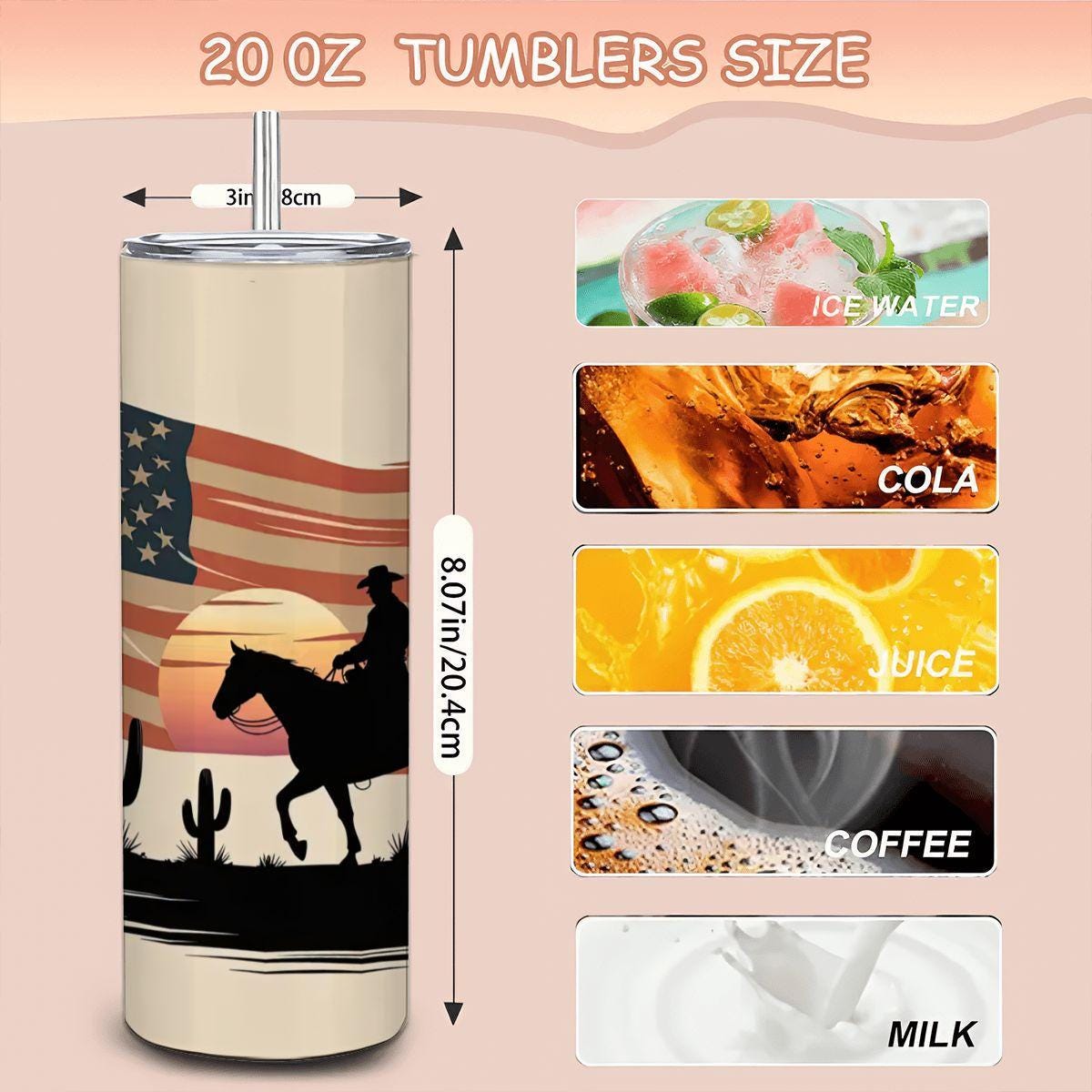 Cowboy American Flag Tumbler: 20oz Stainless Steel Western Cup