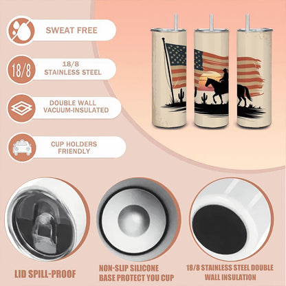 Cowboy American Flag Tumbler: 20oz Stainless Steel Western Cup