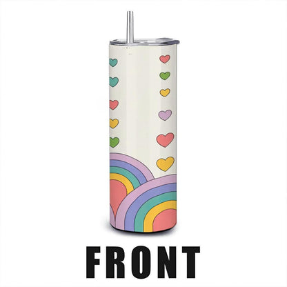 Pastel Rainbow Hearts Tumbler: Insulated Stainless Steel Cup with Straw