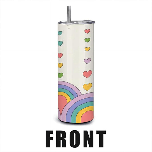 Pastel Rainbow Hearts Tumbler: Insulated Stainless Steel Cup with Straw