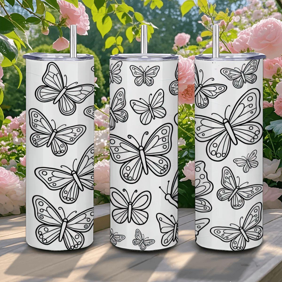Butterfly Coloring Tumbler: DIY Stainless Steel Insulated Cup with Straw