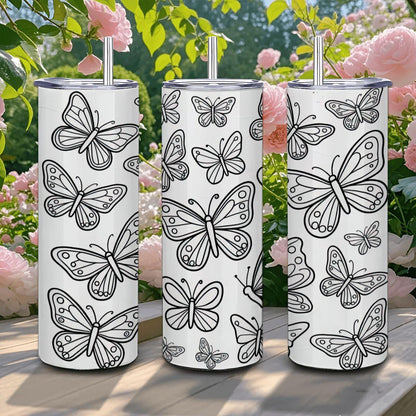 Butterfly Coloring Tumbler: DIY Stainless Steel Insulated Cup with Straw