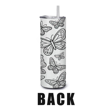 Butterfly Coloring Tumbler: DIY Stainless Steel Insulated Cup with Straw