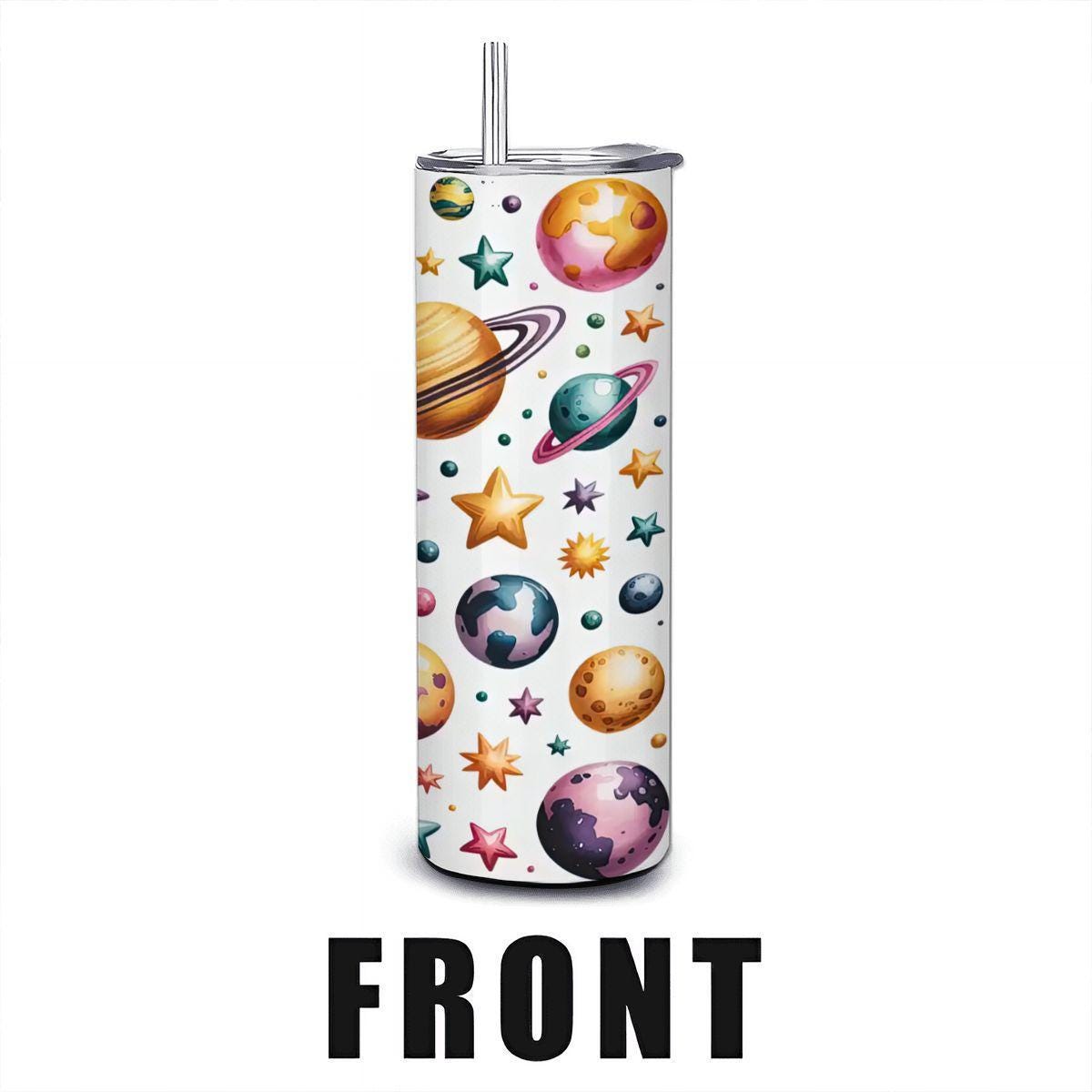 Space Planets & Stars Tumbler with Straw: Insulated Stainless Steel Galaxy Cup