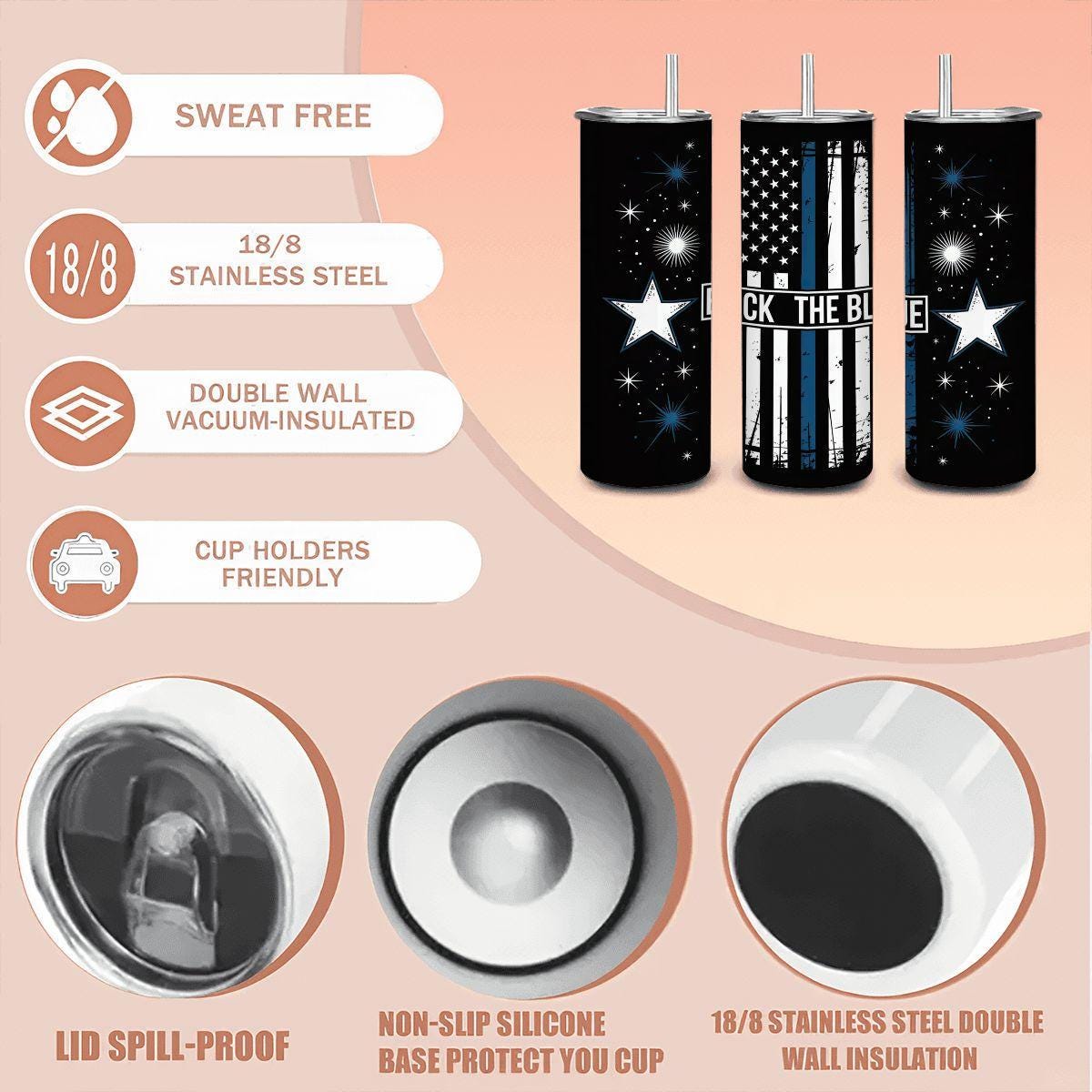 Back the Blue Stars Tumbler: Patriotic Police Support Stainless Steel Insulated Mug
