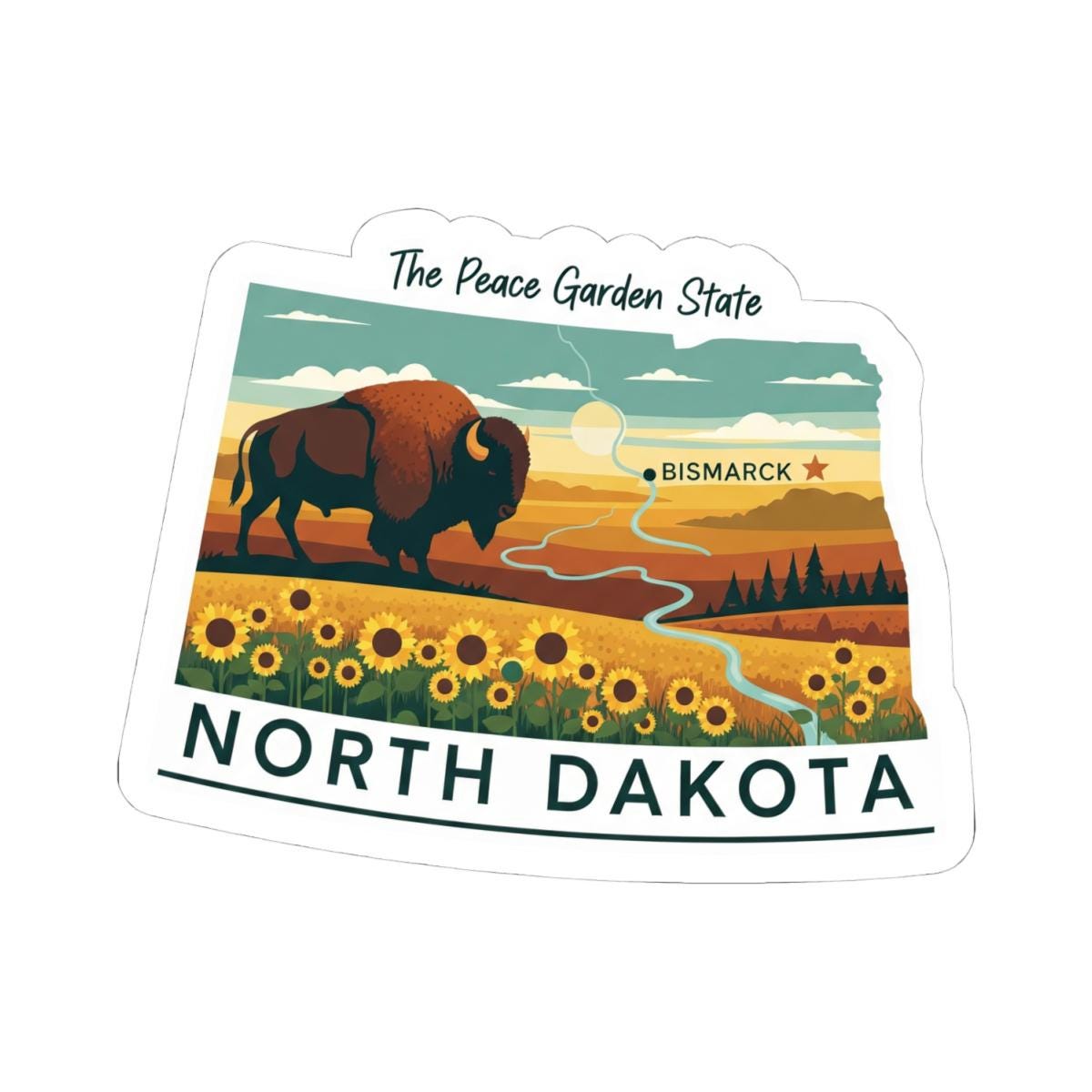 North Dakota Vinyl Sticker: Sunflower Bison Sunset - Waterproof State Decal