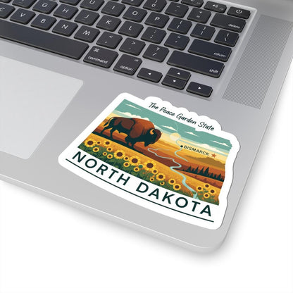 North Dakota Vinyl Sticker: Sunflower Bison Sunset - Waterproof State Decal