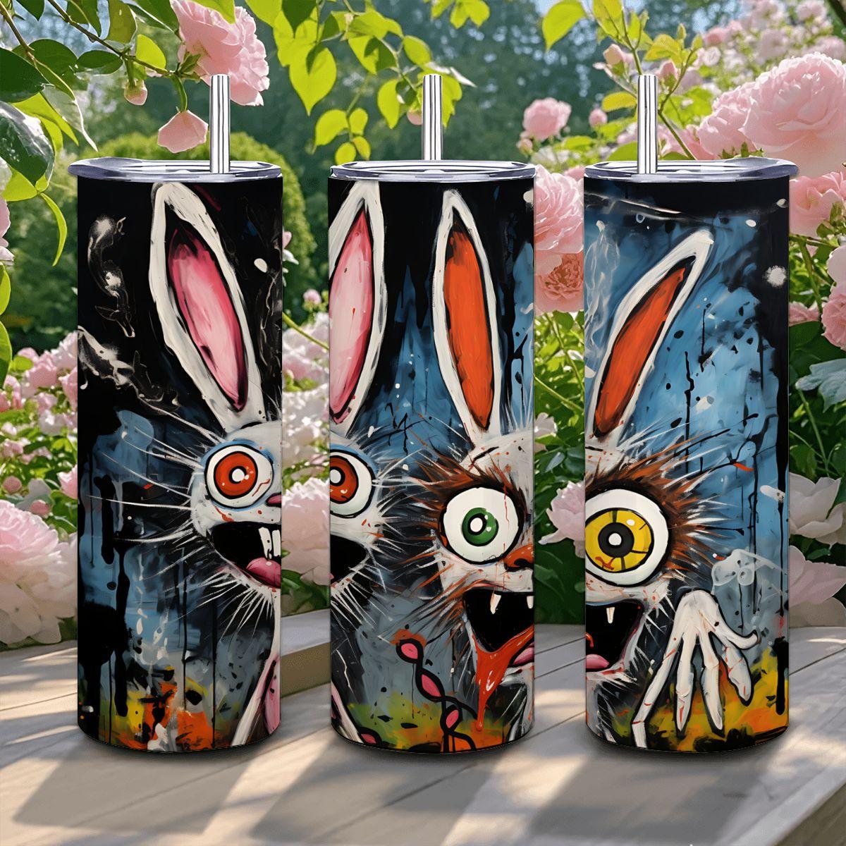 ColorFlow | Mad Bunny Party Tumbler | Funny Rabbit Art Cup | 20oz Stainless Steel Travel Mug with Straw | Gift for Friends