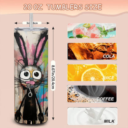 ColorFlow | Three Funky Bunny Tumbler | Abstract Rabbit Art Cup | 20oz Stainless Steel Travel Mug with Straw | Gift for Artists