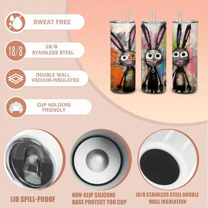 ColorFlow | Three Funky Bunny Tumbler | Abstract Rabbit Art Cup | 20oz Stainless Steel Travel Mug with Straw | Gift for Artists