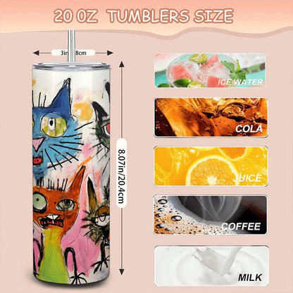 ColorFlow | Cat Chaos Tumbler | Wild Abstract Cat Art Cup | 20oz Stainless Steel Travel Mug with Straw | Gift for Cat Lovers