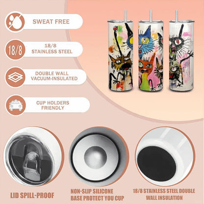 ColorFlow | Cat Chaos Tumbler | Wild Abstract Cat Art Cup | 20oz Stainless Steel Travel Mug with Straw | Gift for Cat Lovers