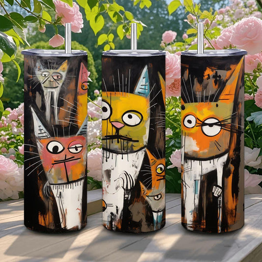 ColorFlow | Crazy Cat Family Tumbler | Abstract Cat Art Cup | 20oz Stainless Steel Travel Mug with Straw | Gift for Cat Lovers
