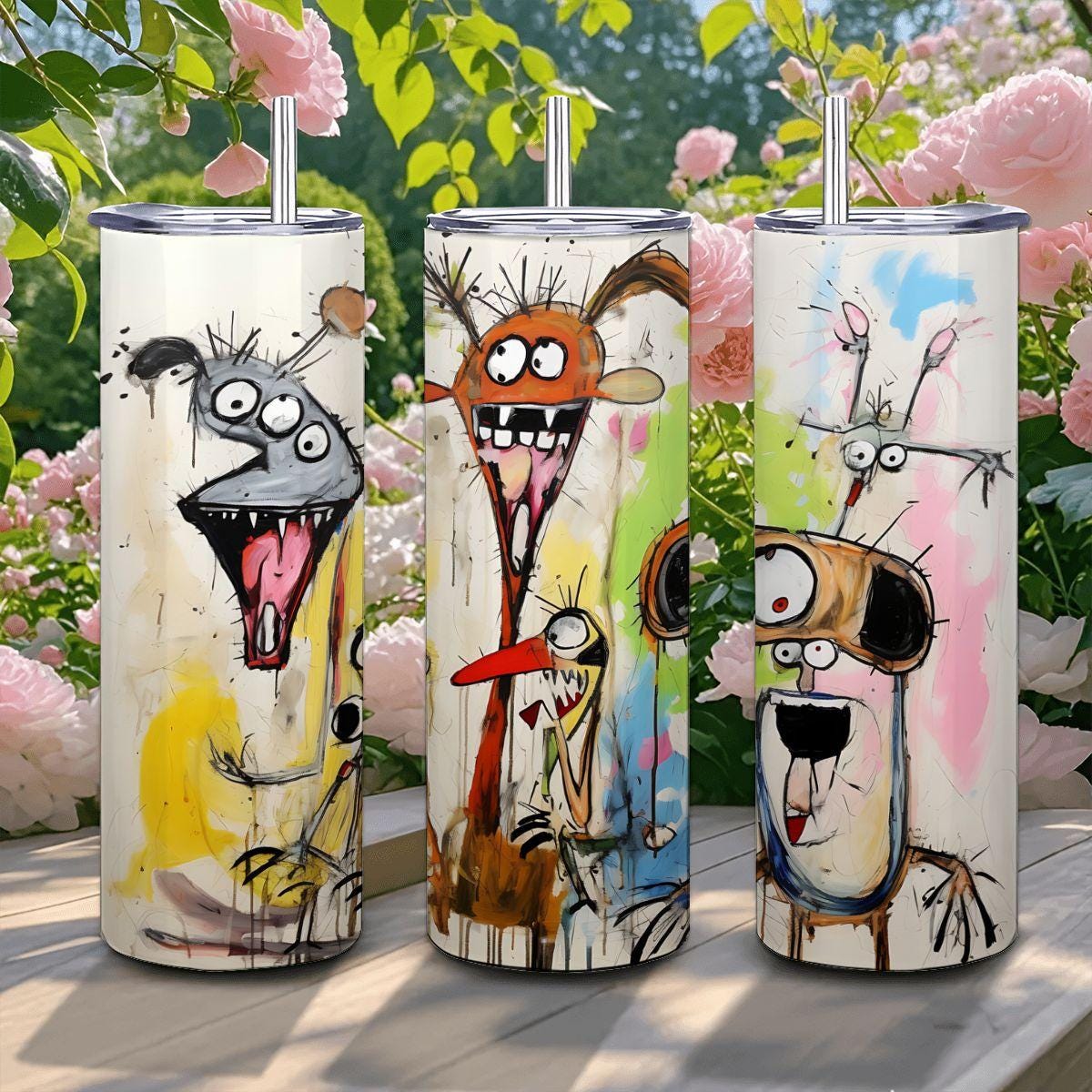 ColorFlow | Wild Dog Party Tumbler | Funny Dog Art Cup | 20oz Stainless Steel Travel Mug with Straw | Gift for Dog Lovers