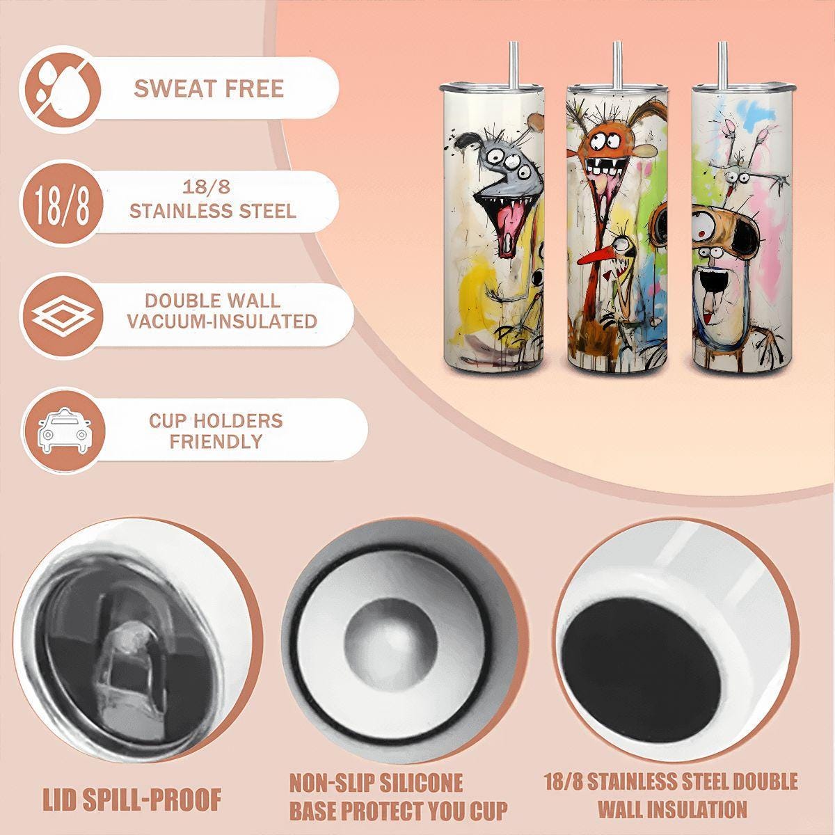 ColorFlow | Wild Dog Party Tumbler | Funny Dog Art Cup | 20oz Stainless Steel Travel Mug with Straw | Gift for Dog Lovers