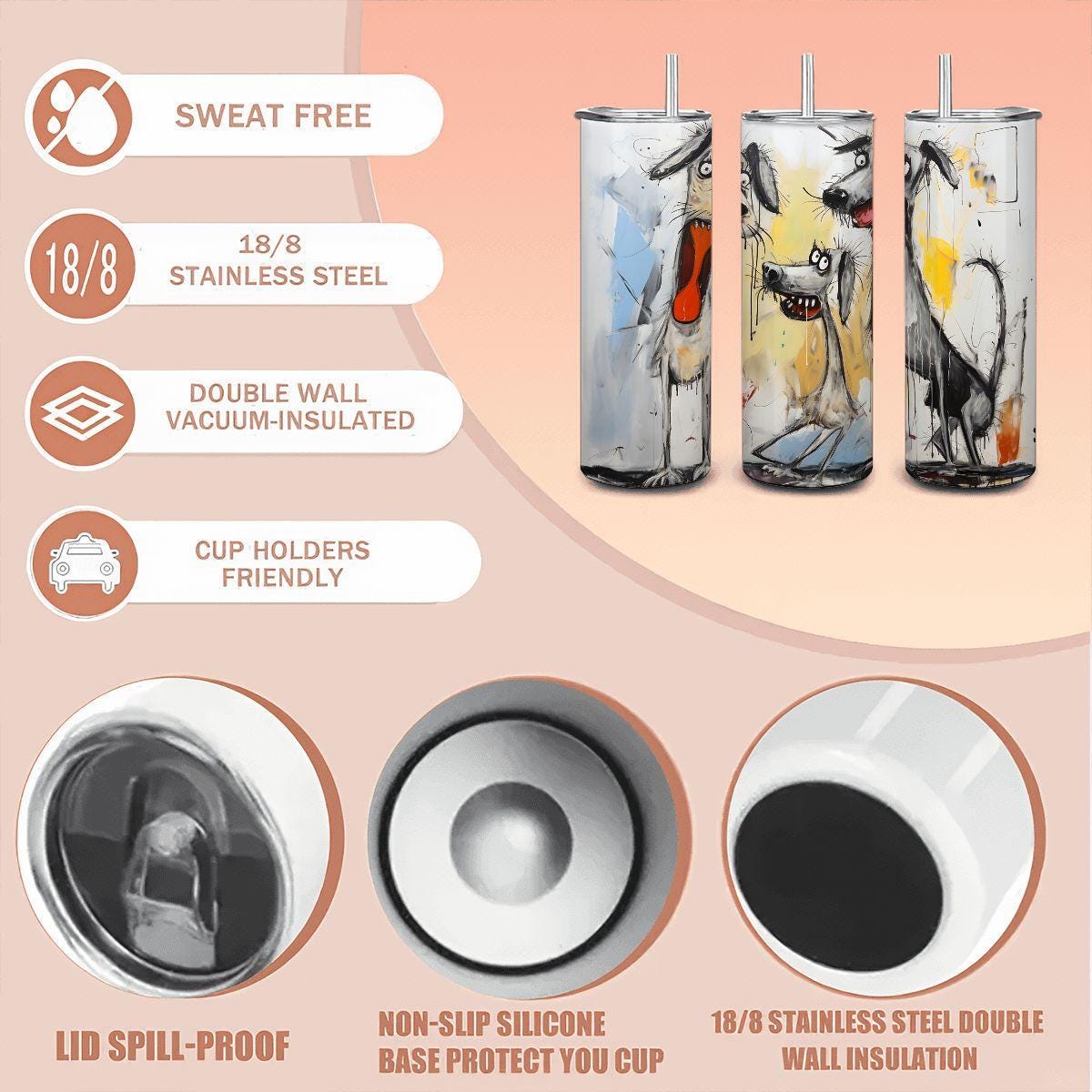 ColorFlow | Whimsical Doodle Dog Art Tumbler | 20oz Stainless Steel Travel Cup | Funny Dog Lovers Gift | Hot Cold Drinkware