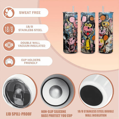 ColorFlow | Doodle Mouse Party Art Tumbler | 20oz Stainless Steel Travel Cup | Funny Cartoon Coffee Mug | Artistic Gift for Friends