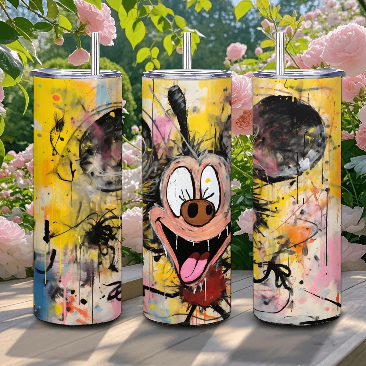 ColorFlow | Happy Doodle Mouse Art Tumbler | 20oz Stainless Steel Travel Cup | Funny Cartoon Coffee Mug | Whimsical Gift Idea