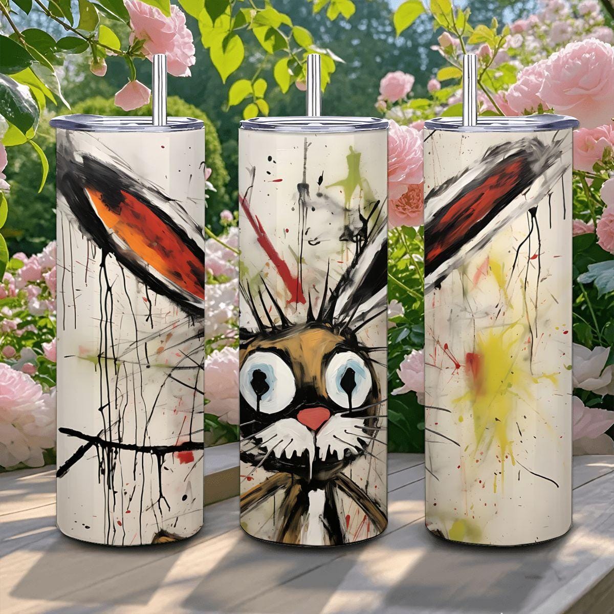 ColorFlow | Doodle Rabbit Art Tumbler | 20oz Stainless Steel Travel Cup | Funny Bunny Coffee Mug | Artistic Gift for Animal Lovers