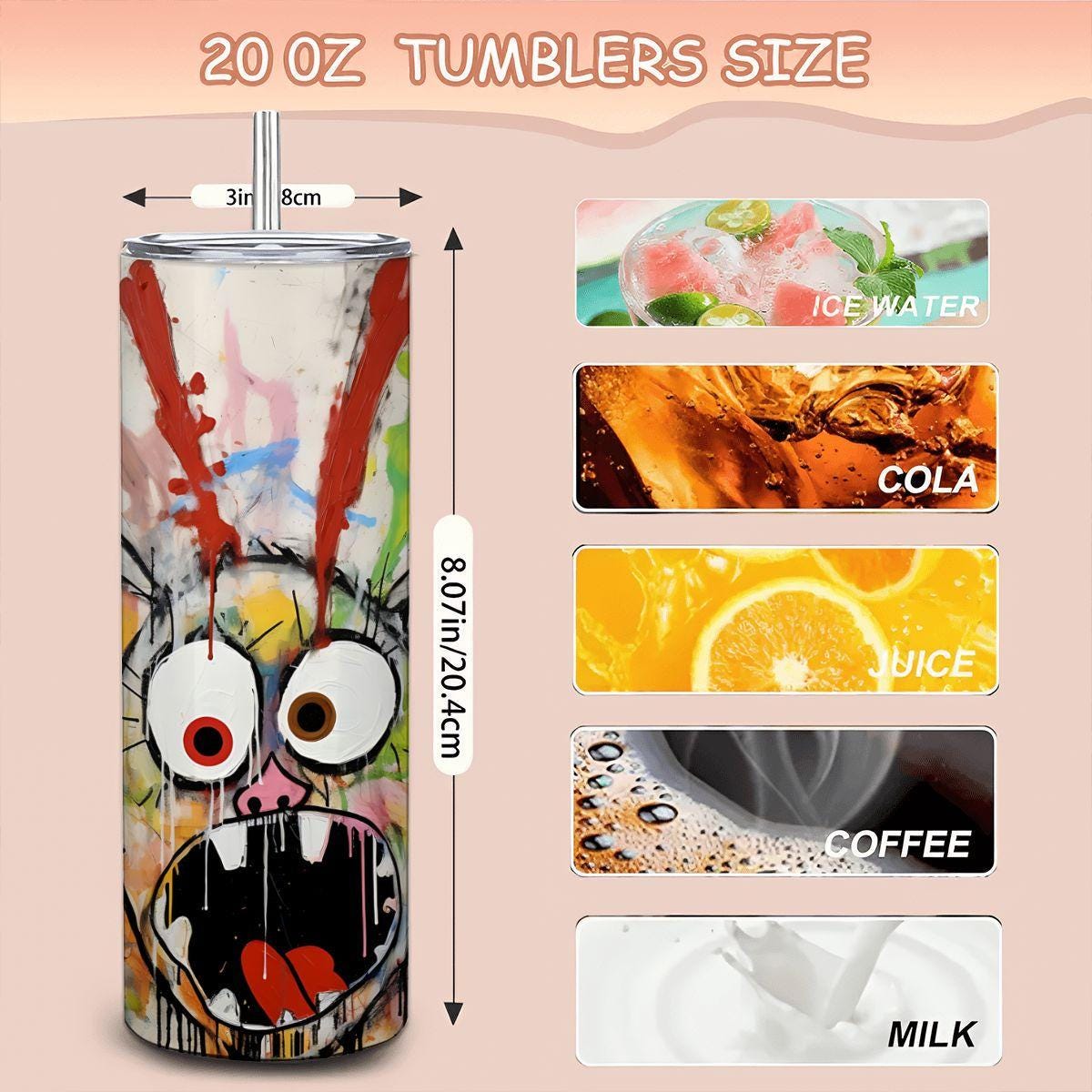 ColorFlow | Crazy Doodle Rabbit Art Tumbler | 20oz Stainless Steel Travel Cup | Funny Bunny Coffee Mug | Abstract Art Gift
