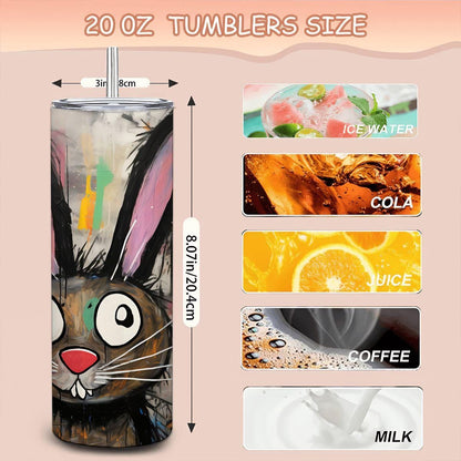 ColorFlow | Playful Doodle Rabbit Art Tumbler | 20oz Stainless Steel Travel Cup | Funny Bunny Coffee Mug | Creative Art Gift