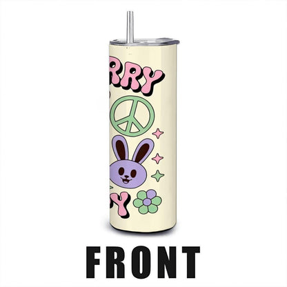 ColorFlow | Dont Worry Be Hoppy Tumbler | Cute Bunny 20oz Stainless Steel Cup with Straw | Easter Gift | Retro Peace Art