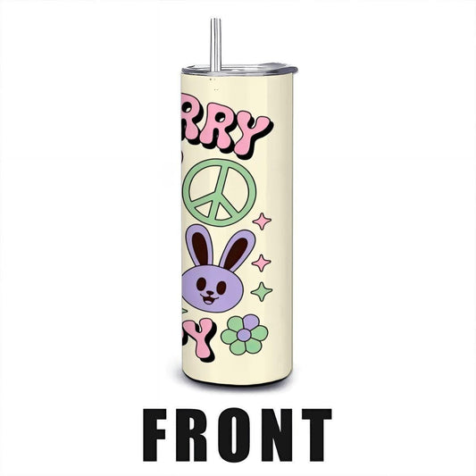 ColorFlow | Dont Worry Be Hoppy Tumbler | Cute Bunny 20oz Stainless Steel Cup with Straw | Easter Gift | Retro Peace Art