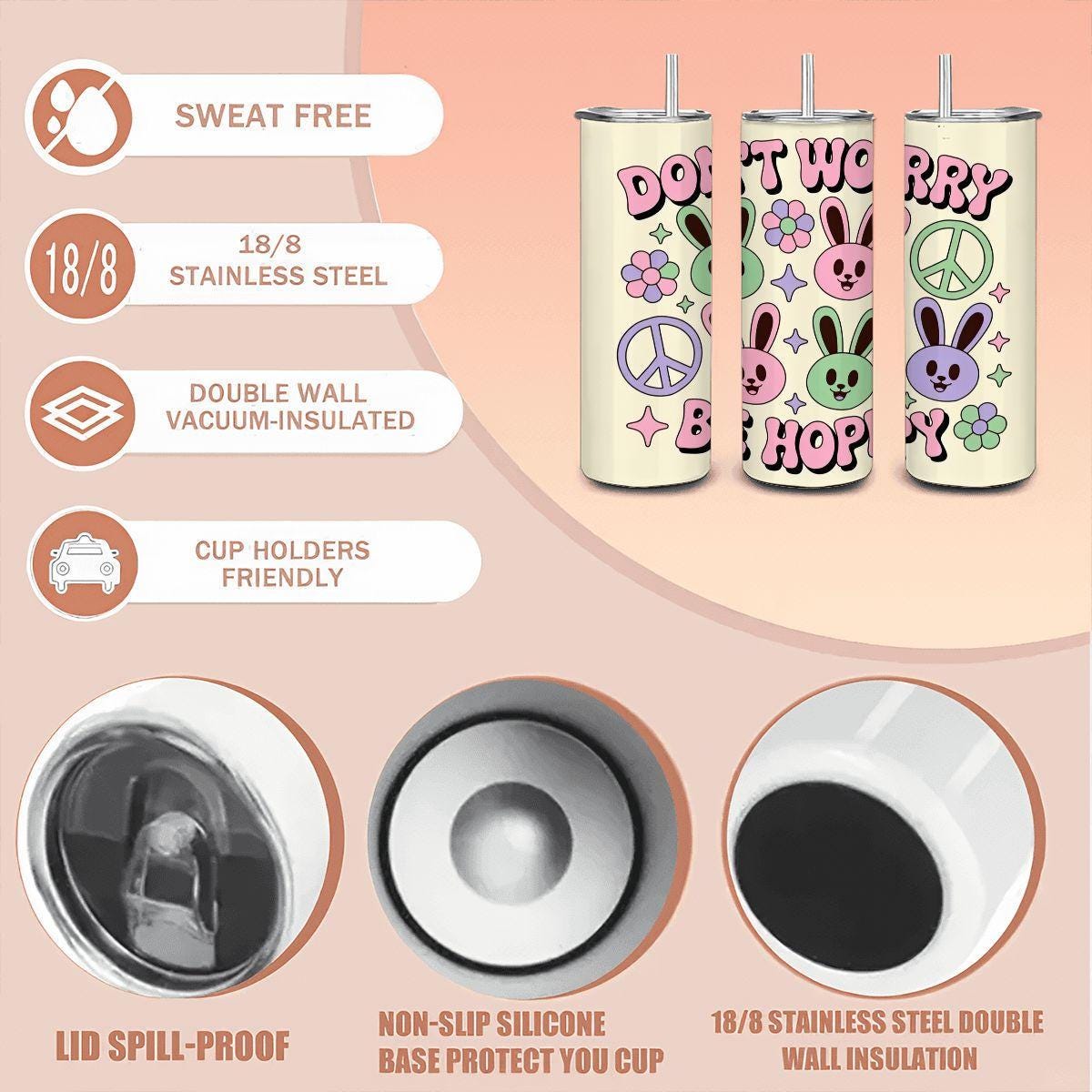 ColorFlow | Dont Worry Be Hoppy Tumbler | Cute Bunny 20oz Stainless Steel Cup with Straw | Easter Gift | Retro Peace Art