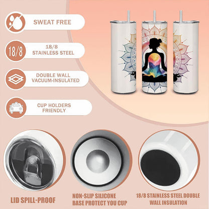 ColorFlow | Chakra Energy Mandala Tumbler | 20oz Stainless Steel Yoga Cup with Straw | Mindfulness Gift | Meditation Art