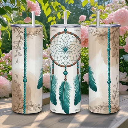 ColorFlow | Boho Dreamcatcher Tumbler | 20oz Stainless Steel Cup with Straw | Feather Art Mug | Spiritual Gift | Boho Chic