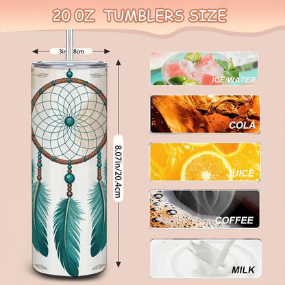 ColorFlow | Boho Dreamcatcher Tumbler | 20oz Stainless Steel Cup with Straw | Feather Art Mug | Spiritual Gift | Boho Chic