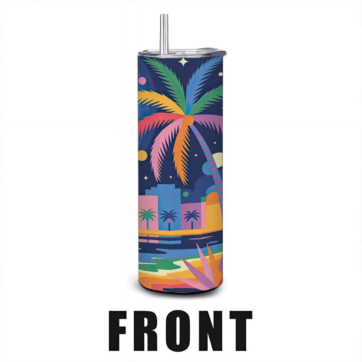 ColorFlow | Tropical Sunset City Tumbler | 20oz Stainless Steel Cup with Straw | Palm Beach Art | Summer Vibes Gift