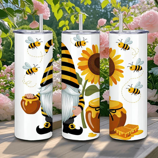 ColorFlow | Bee Gnome Honey Tumbler | 20oz Stainless Steel Cup with Straw | Sunflower Art Mug | Cute Spring Gift