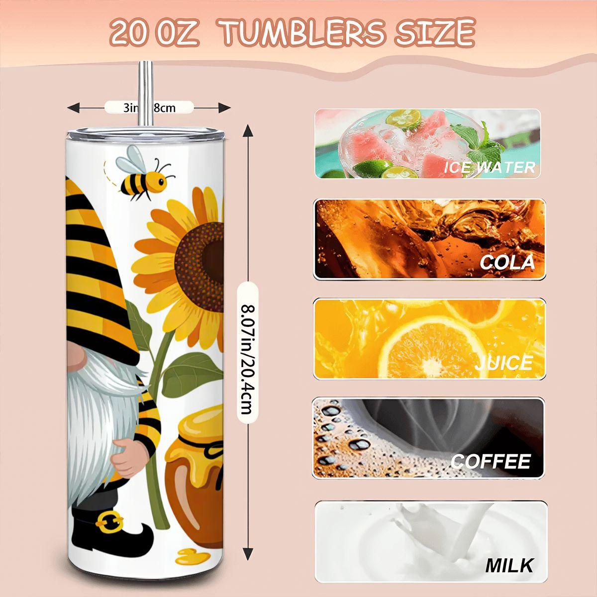 ColorFlow | Bee Gnome Honey Tumbler | 20oz Stainless Steel Cup with Straw | Sunflower Art Mug | Cute Spring Gift