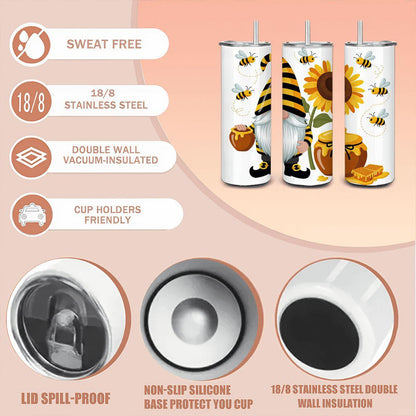 ColorFlow | Bee Gnome Honey Tumbler | 20oz Stainless Steel Cup with Straw | Sunflower Art Mug | Cute Spring Gift