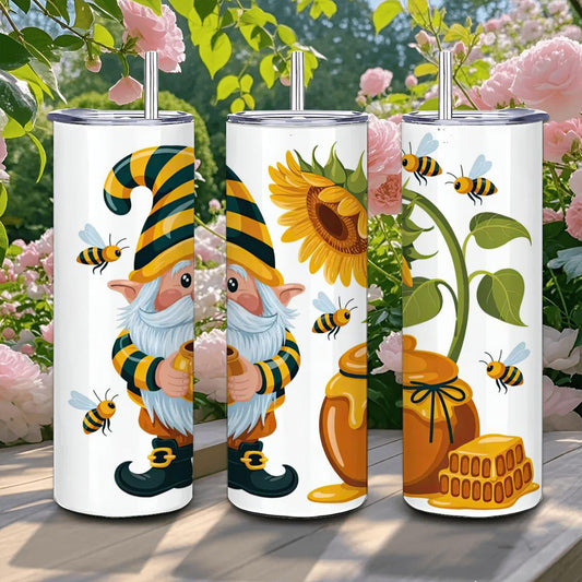 ColorFlow | Honey Bee Gnome Tumbler | 20oz Stainless Steel Cup with Straw | Sunflower Art Mug | Cute Garden Gift