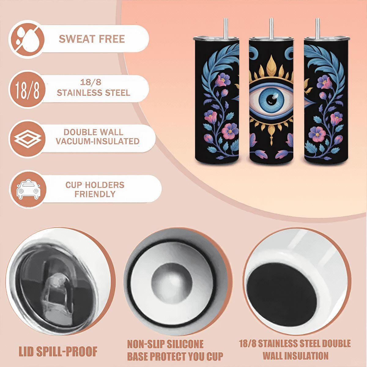 ColorFlow | Mystic Eye Floral Tumbler | 20oz Stainless Steel Cup with Straw | Evil Eye Art Mug | Spiritual Protection Gift