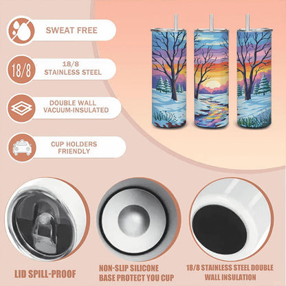 ColorFlow | Winter Sunset Landscape Tumbler | 20oz Stainless Steel Cup with Straw | Snowy Forest Art Mug | Nature Gift
