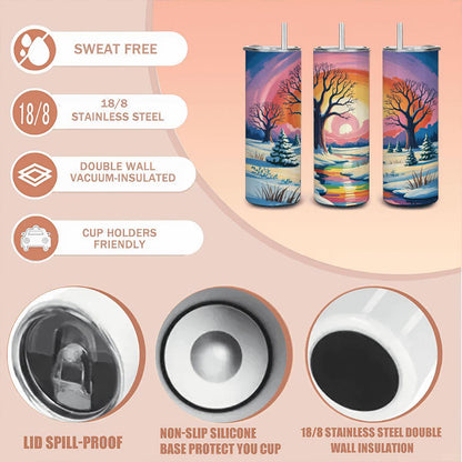 ColorFlow | Radiant Winter Sunset Tumbler | 20oz Stainless Steel Cup with Straw | Snowy Landscape Art | Nature Gift