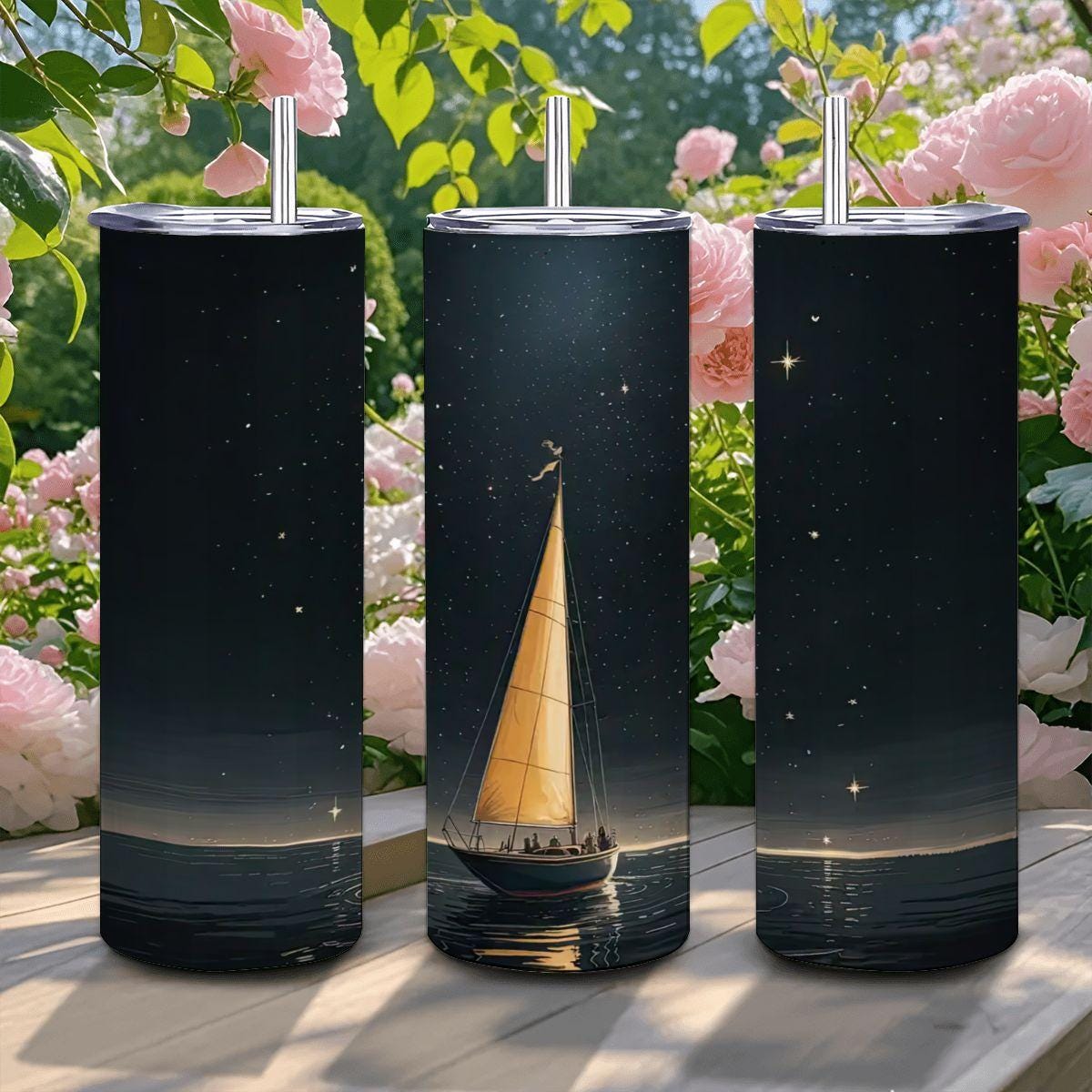 ColorFlow | Midnight Sail Tumbler | 20oz Stainless Steel Cup with Straw | Starry Night Ocean Art | Nautical Gift