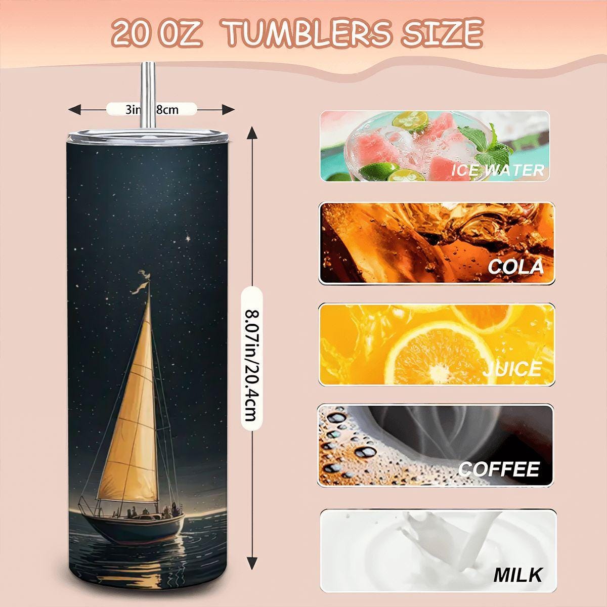 ColorFlow | Midnight Sail Tumbler | 20oz Stainless Steel Cup with Straw | Starry Night Ocean Art | Nautical Gift