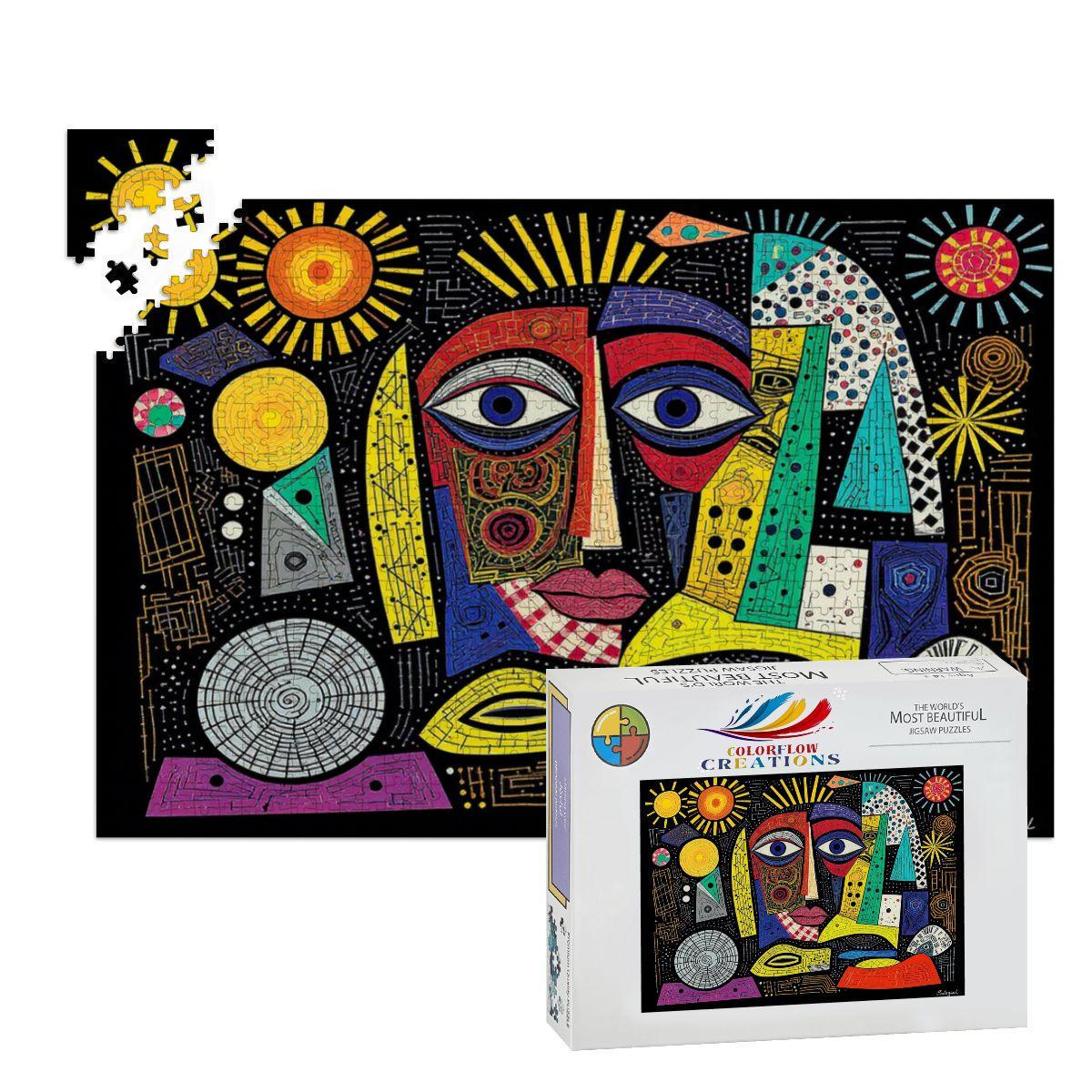 ColorFlow | Celestial Fusion Wooden Puzzle | Picasso Inspired Abstract Sun Jigsaw | Modern Art Wood Puzzle Gift