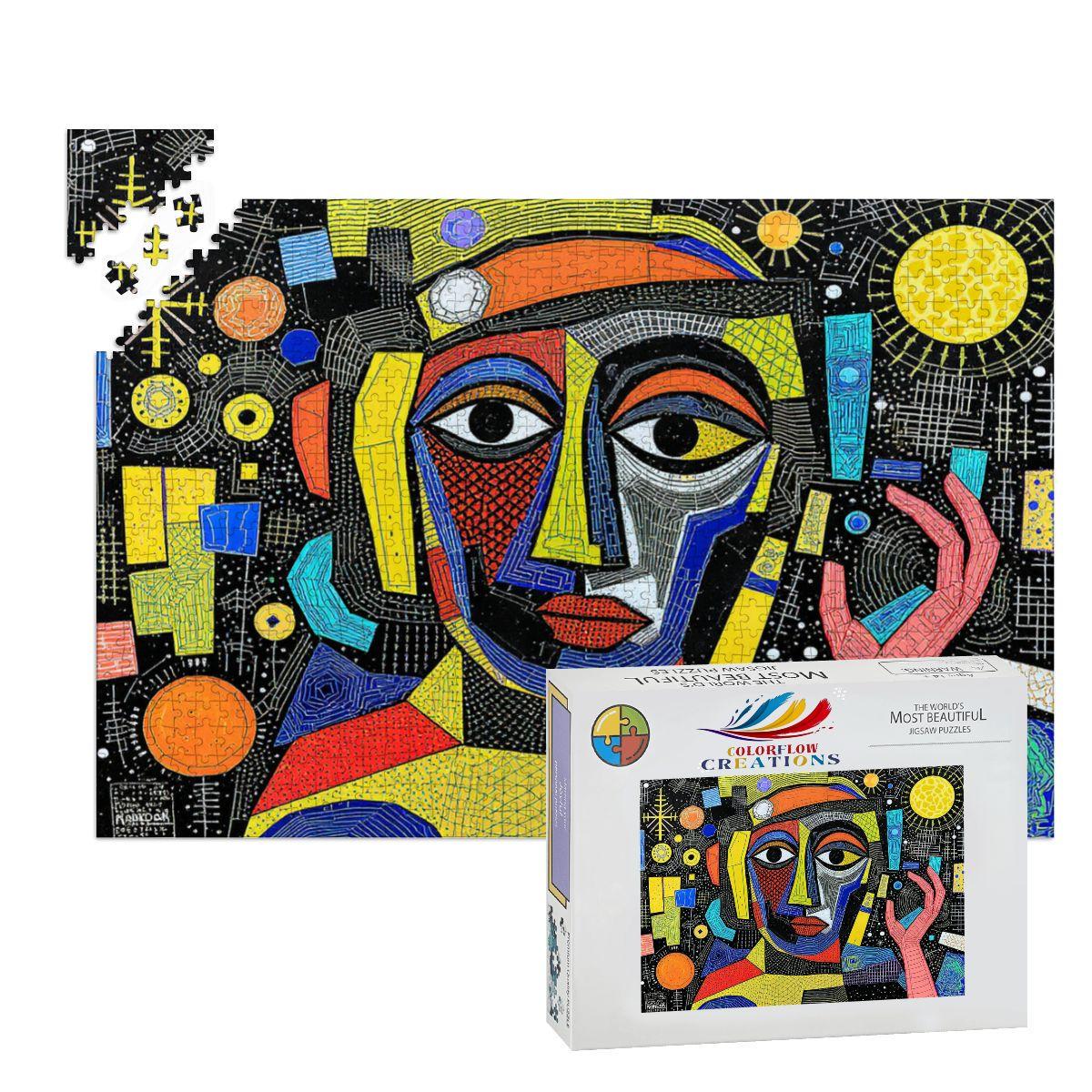 ColorFlow | Galactic Gaze Wooden Puzzle | Picasso Inspired Abstract Face Jigsaw | Modern Art Wood Puzzle Gift
