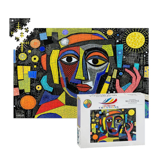 ColorFlow | Galactic Gaze Wooden Puzzle | Picasso Inspired Abstract Face Jigsaw | Modern Art Wood Puzzle Gift