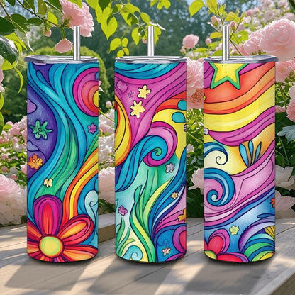 ColorFlow | Groovy Rainbow Garden 20oz Stainless Steel Tumbler with Straw | Vibrant Floral Insulated Cup for Hot or Cold Drinks